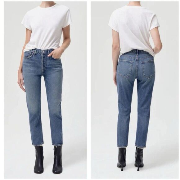 Agolde Riley High Rise Straight Ankle Crop Jeans Blue Denim Organic Cotton 30 - Picture 1 of 12